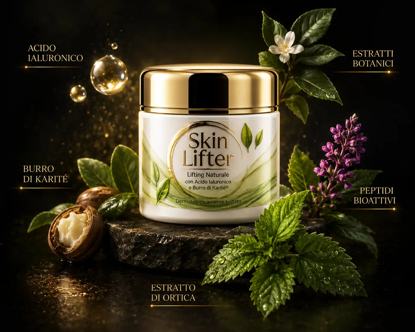 Ingredienti naturali Skin Lifter — Acido Ialuronico, Burro di Karité, Peptidi Bio-Attivi, Rosa Canina